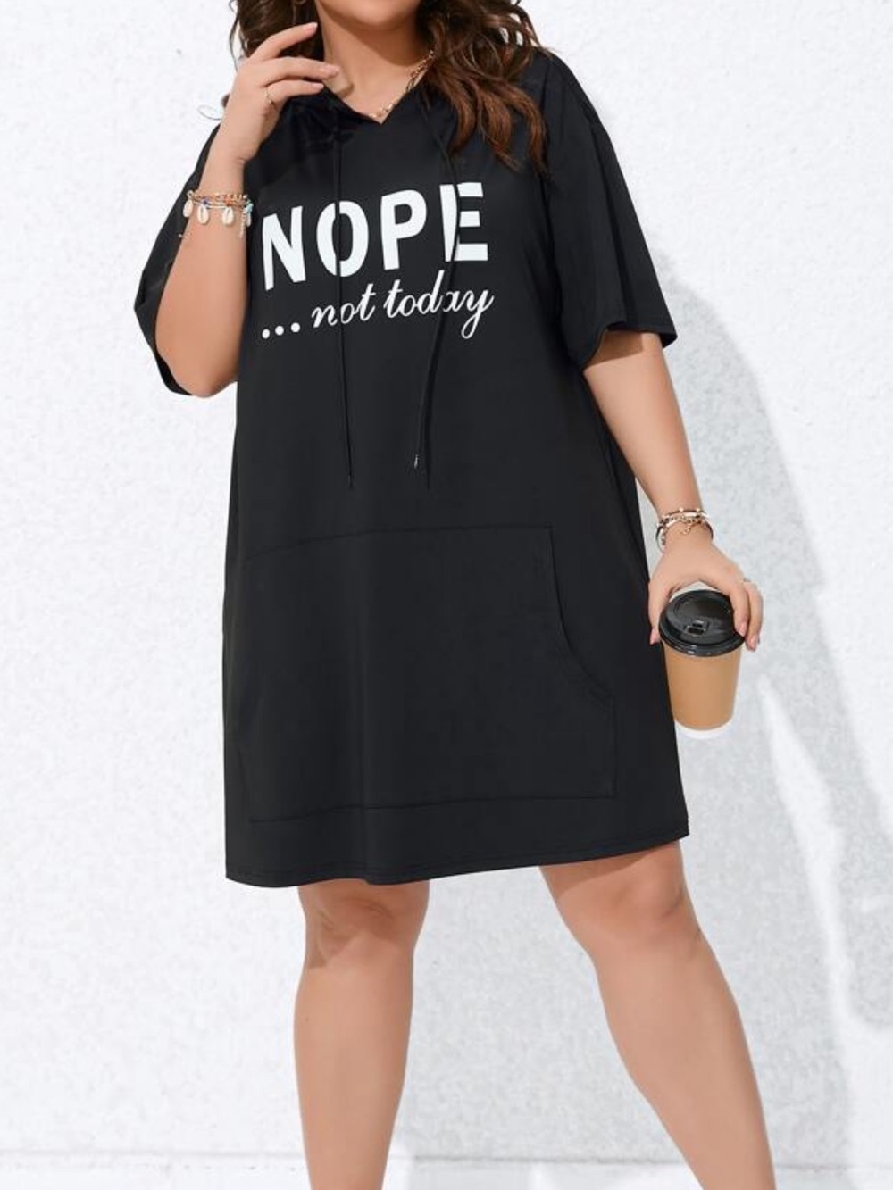 Black "NOPE... not today" Slogan Hooded Tee Dress